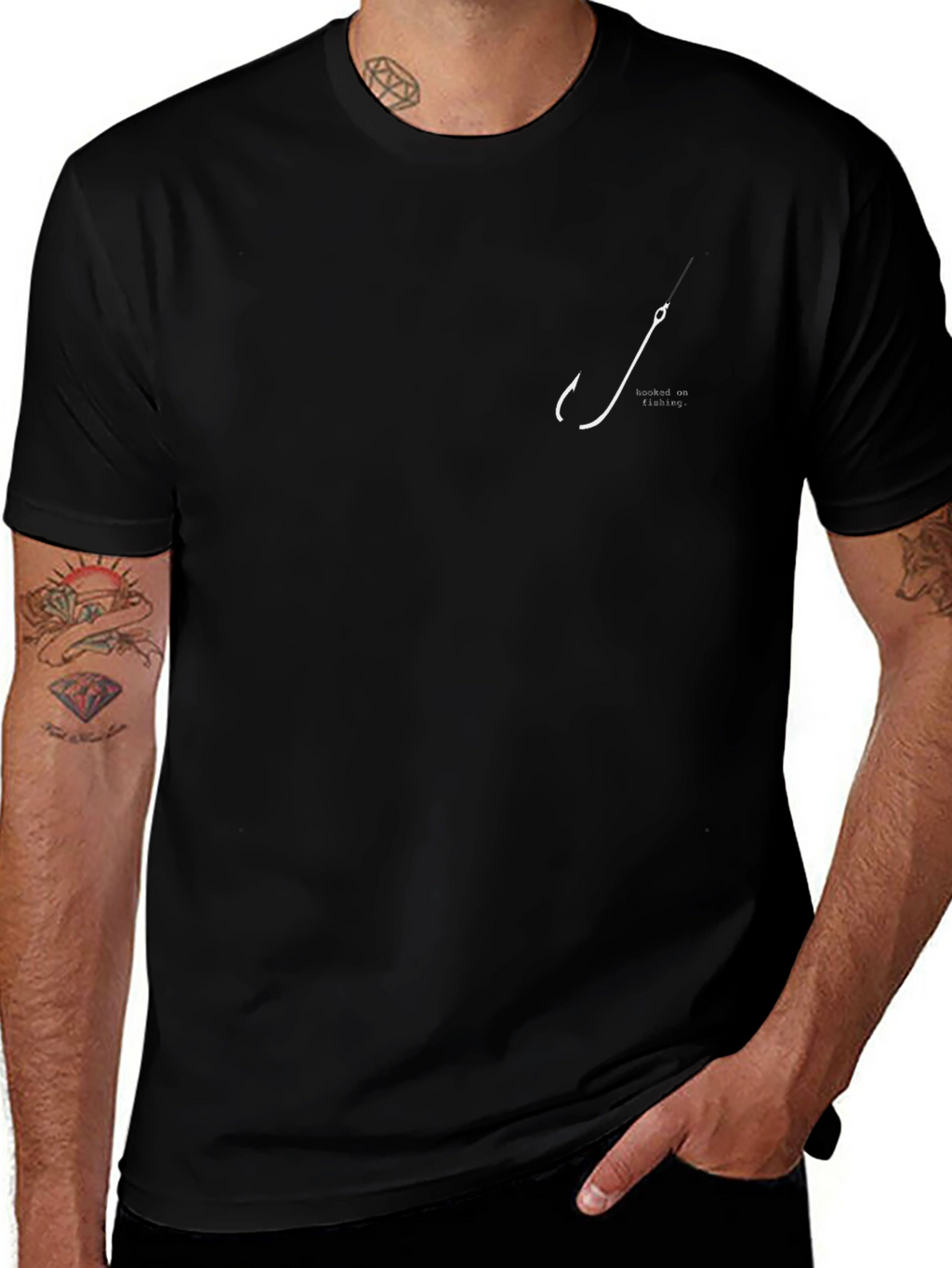 Mens Black T-Shirt with Fishing Hook Design