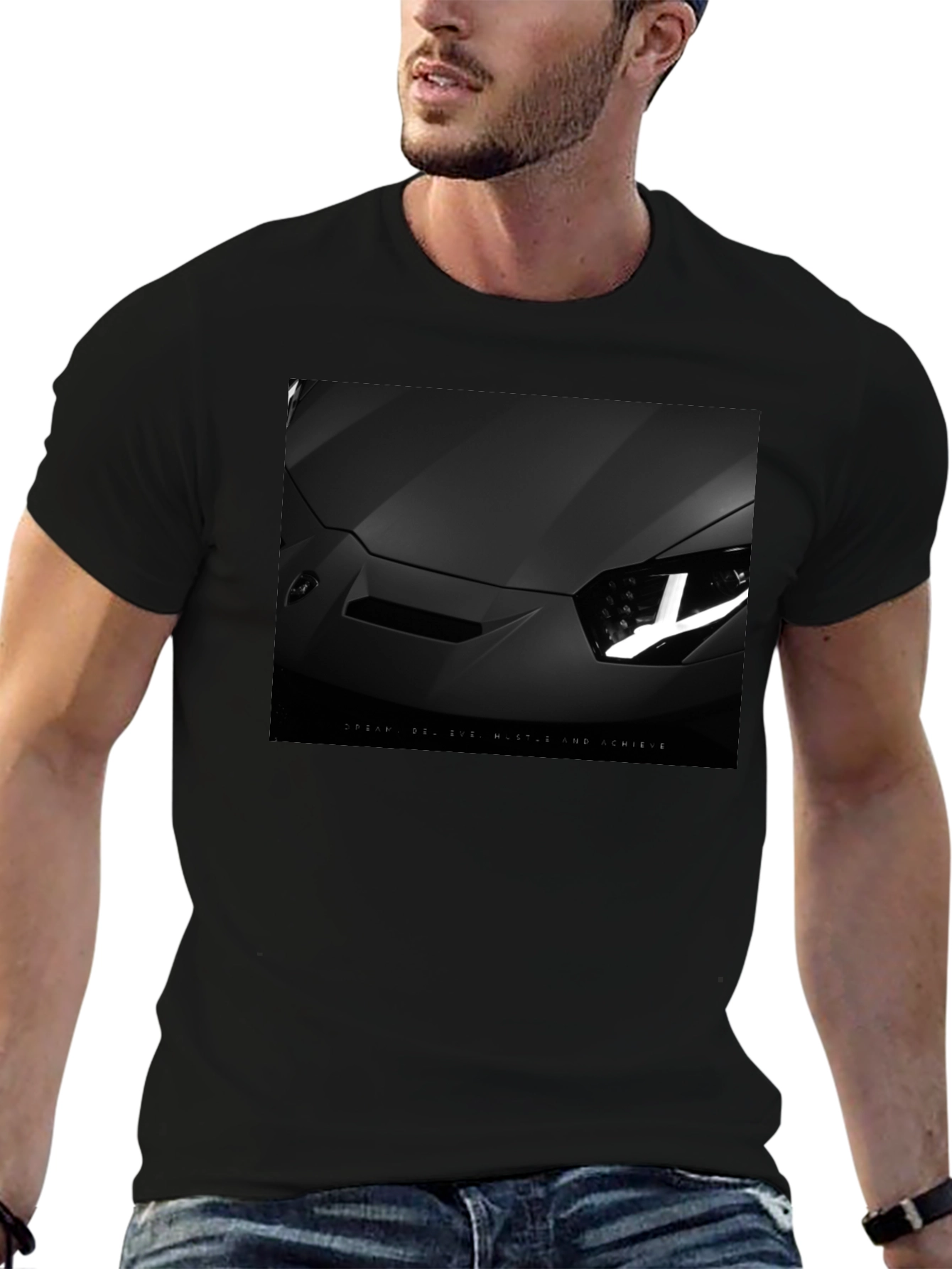 Sleek Black Car T-Shirt: Dream Hustle Achieve