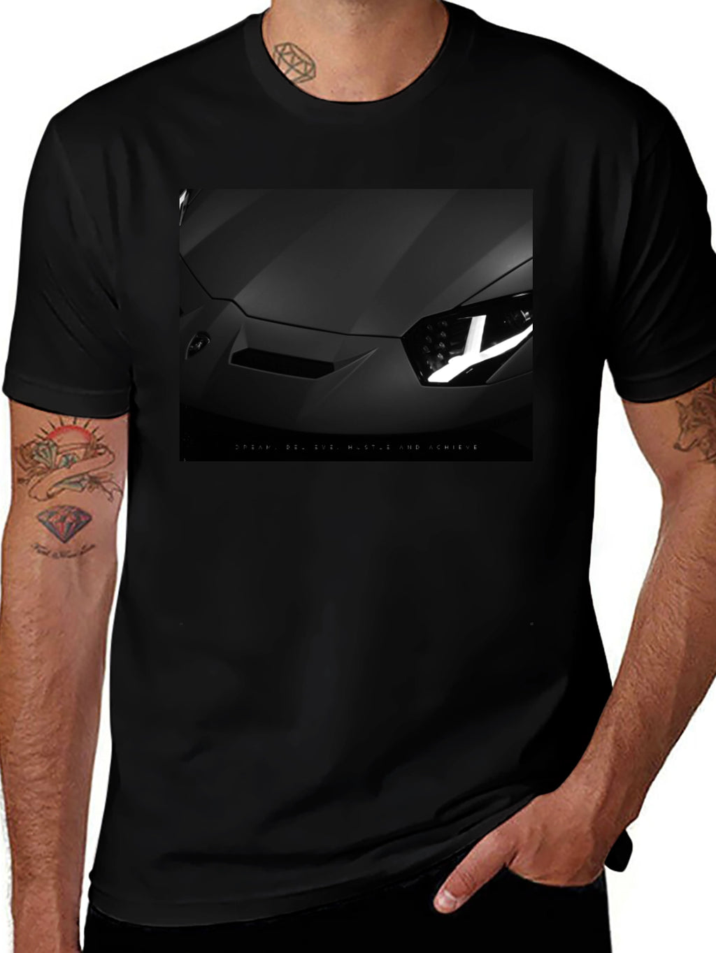 Sleek Black Car T-Shirt: Dream Hustle Achieve