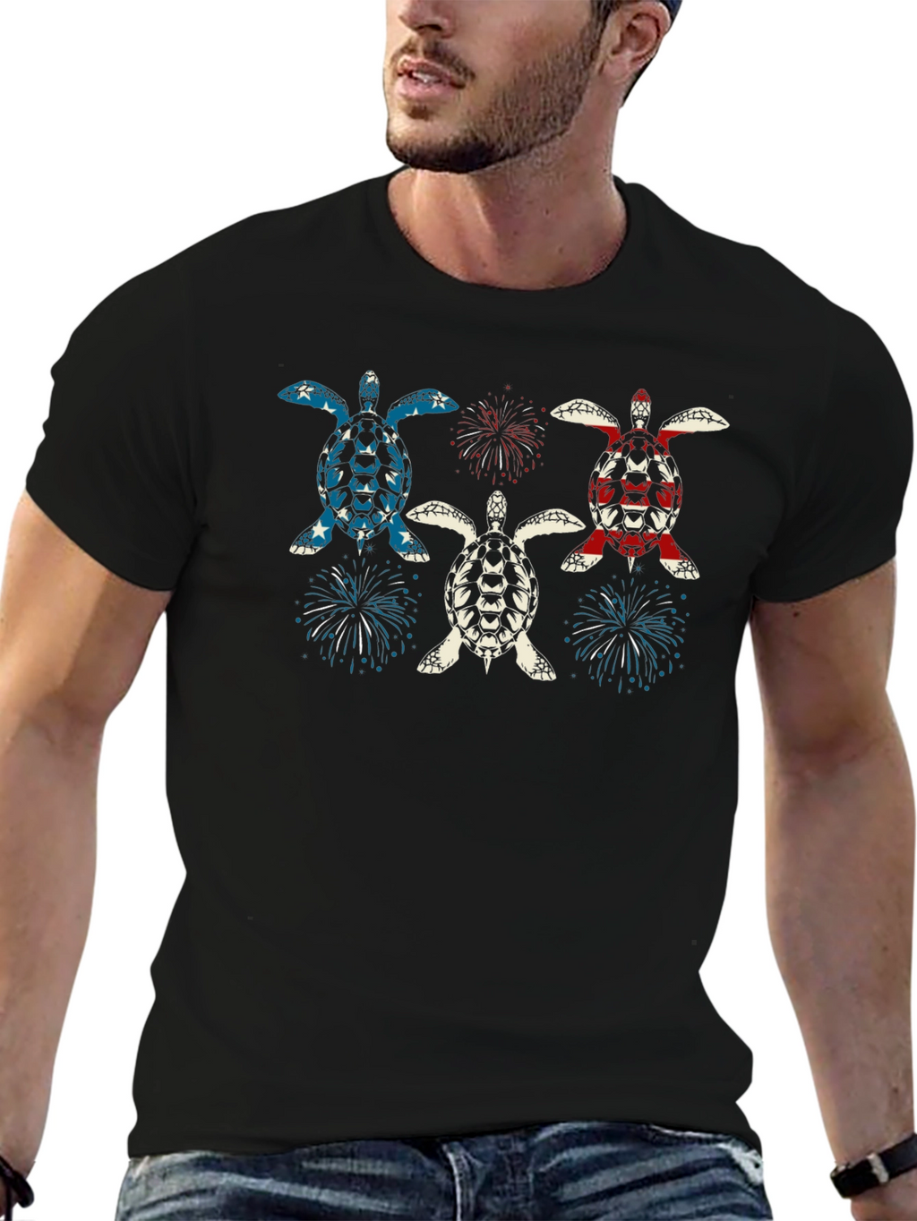 Patriotic Turtle Fireworks Graphic T-Shirt