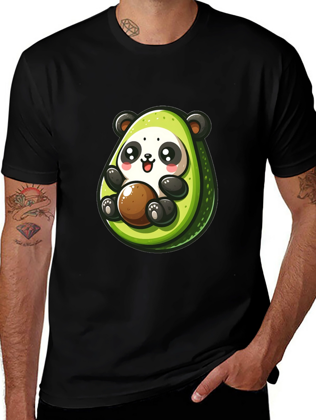 Cute Avocado Panda Black T-Shirt