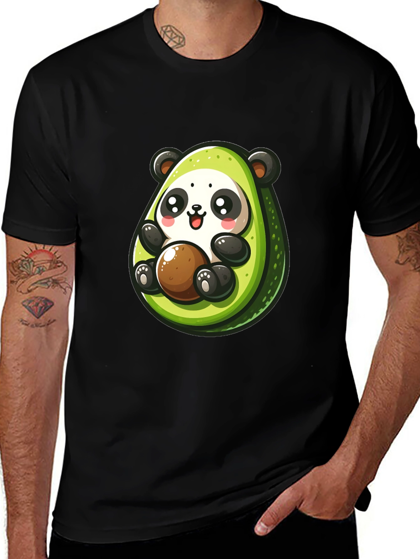 Cute Avocado Panda Black T-Shirt