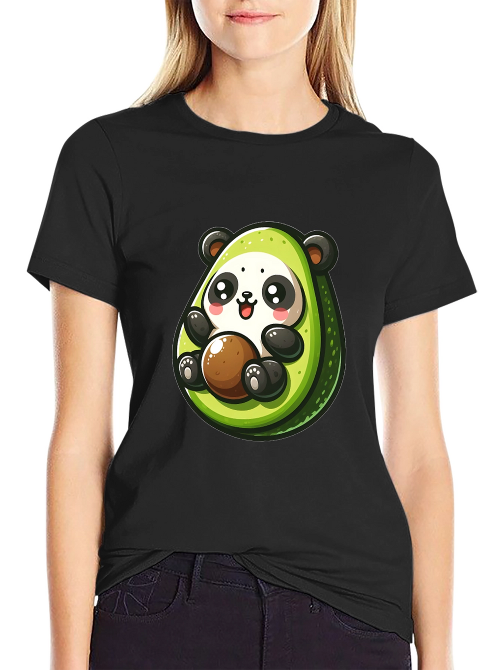 Cute Avocado Panda Black T-Shirt