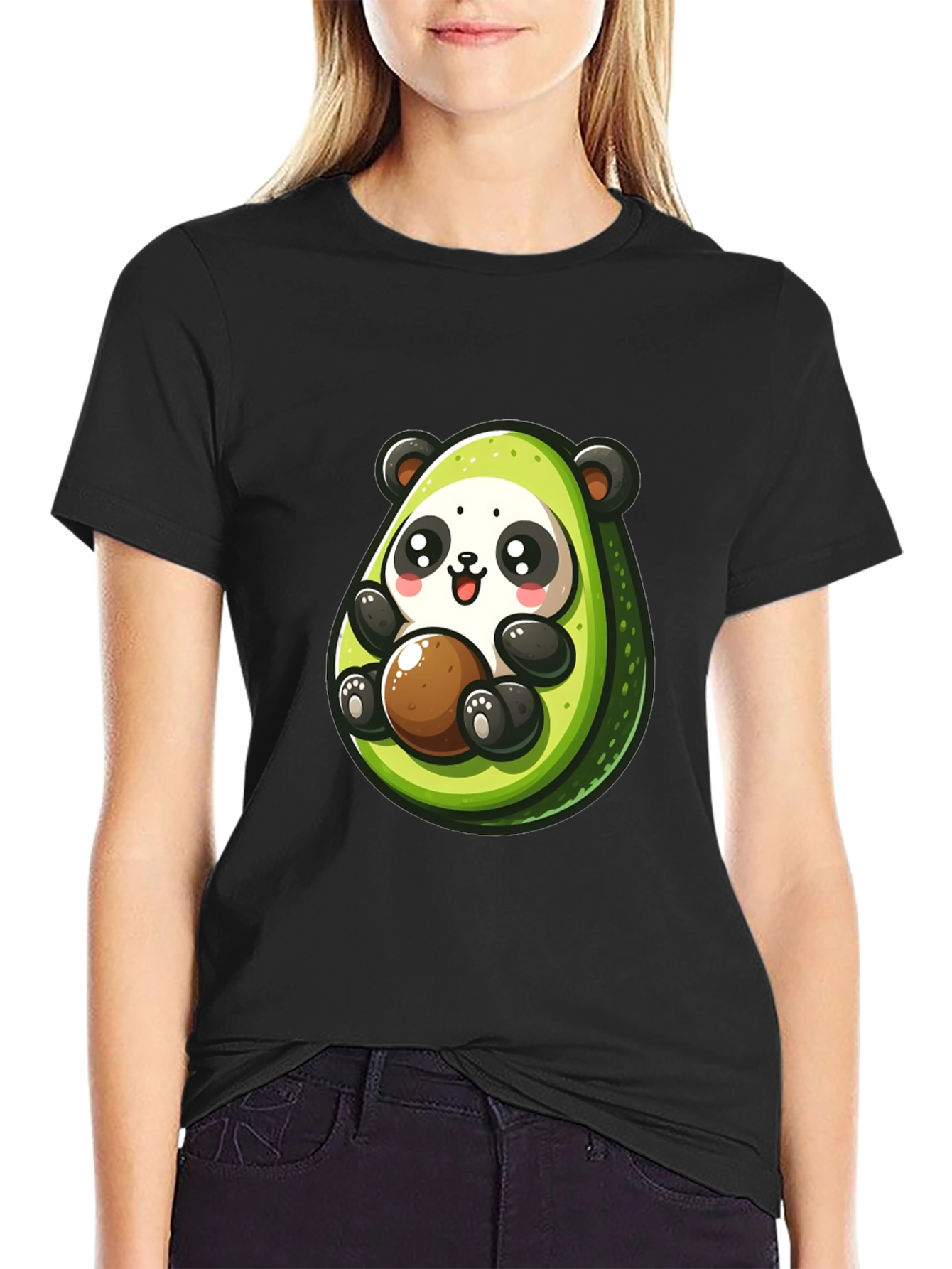 Cute Avocado Panda Black T-Shirt