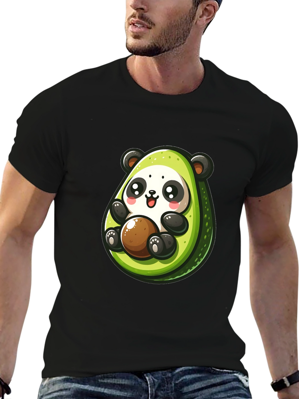 Cute Avocado Panda Black T-Shirt