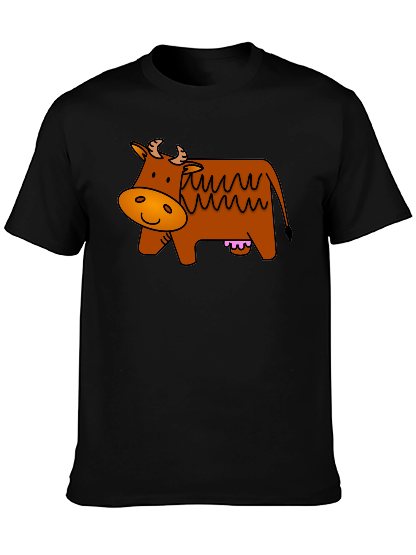 Cartoon Cow Graphic Tee - Black Cotton T-Shirt