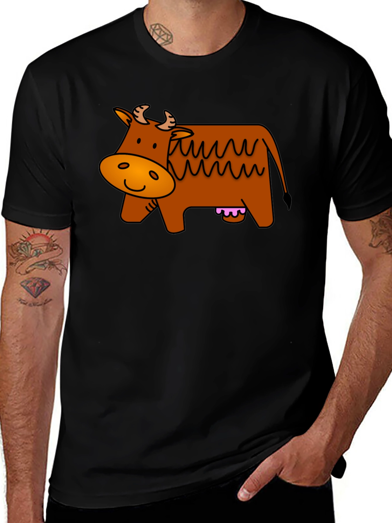 Cartoon Cow Graphic Tee - Black Cotton T-Shirt