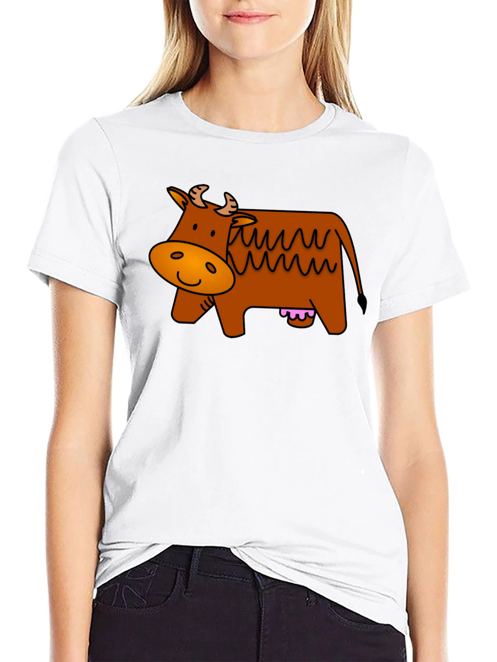 Cartoon Cow Graphic Tee - Black Cotton T-Shirt