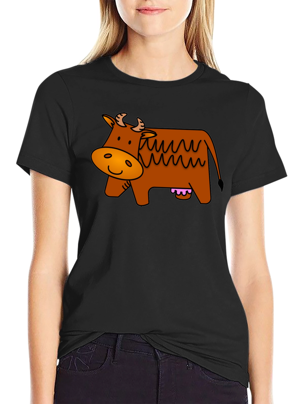 Cartoon Cow Graphic Tee - Black Cotton T-Shirt