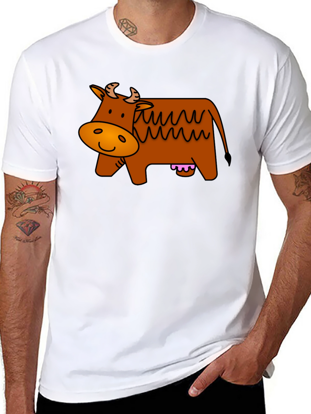 Cartoon Cow Graphic Tee - Black Cotton T-Shirt