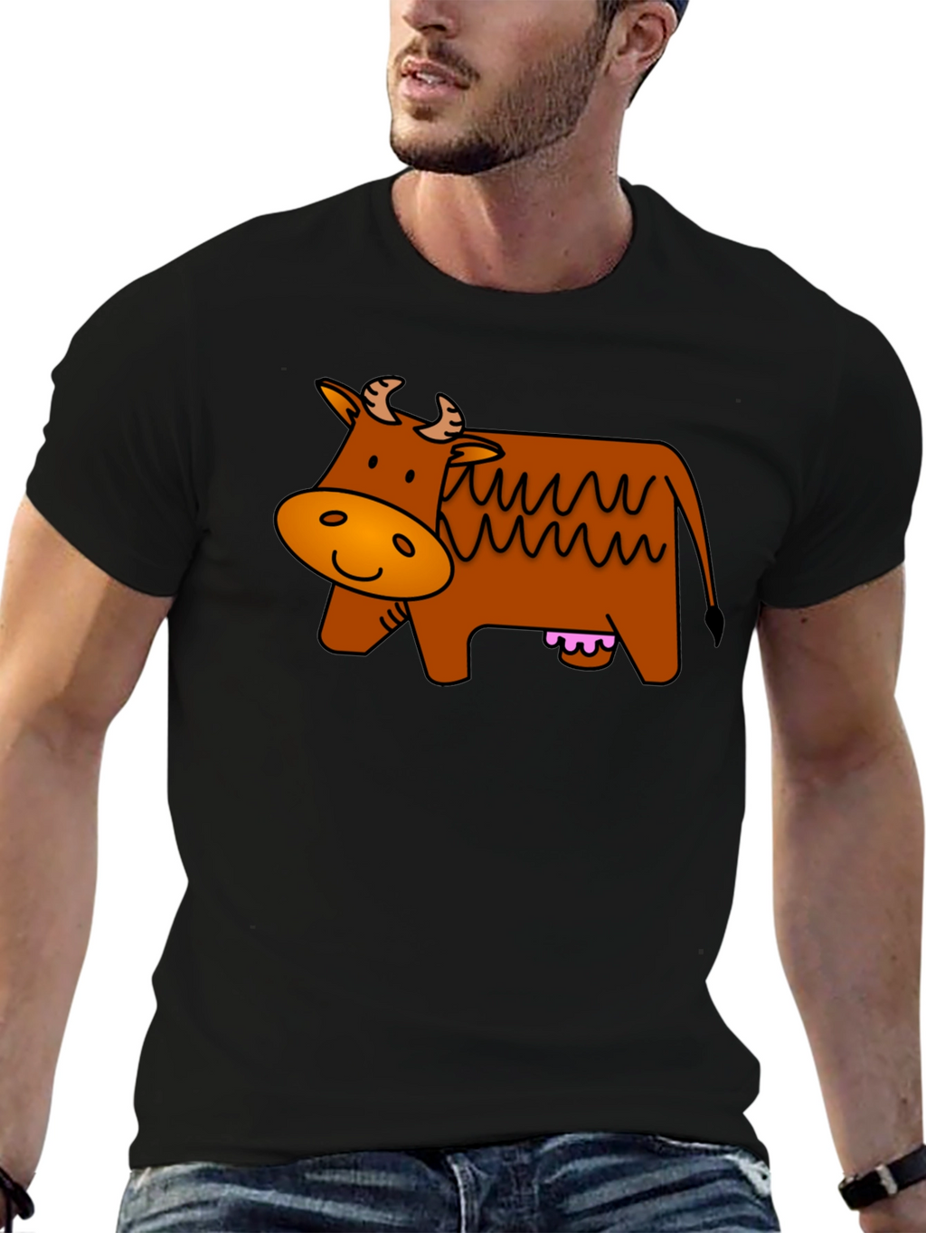 Cartoon Cow Graphic Tee - Black Cotton T-Shirt