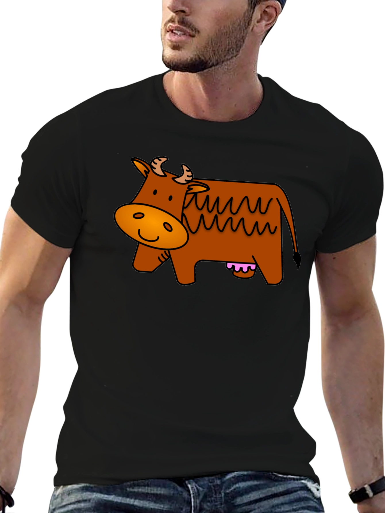 Cartoon Cow Graphic Tee - Black Cotton T-Shirt