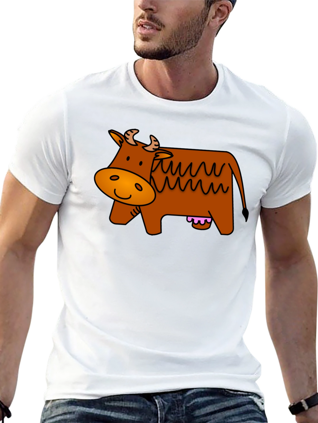 Cartoon Cow Graphic Tee - Black Cotton T-Shirt