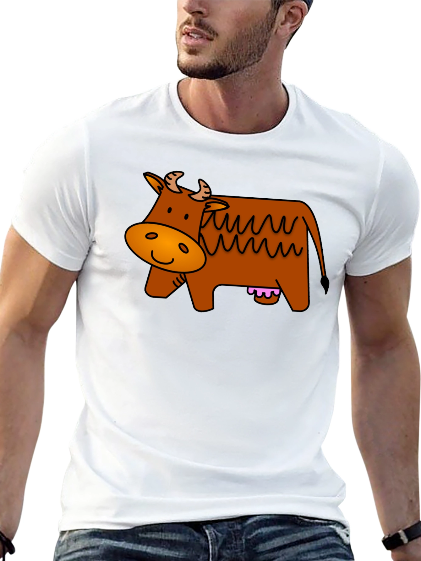Cartoon Cow Graphic Tee - Black Cotton T-Shirt