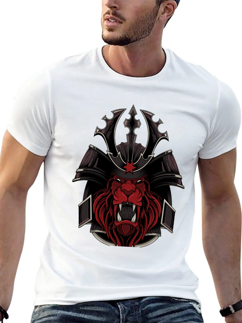 Samurai Lion Graphic Tee - Black Cotton Blend