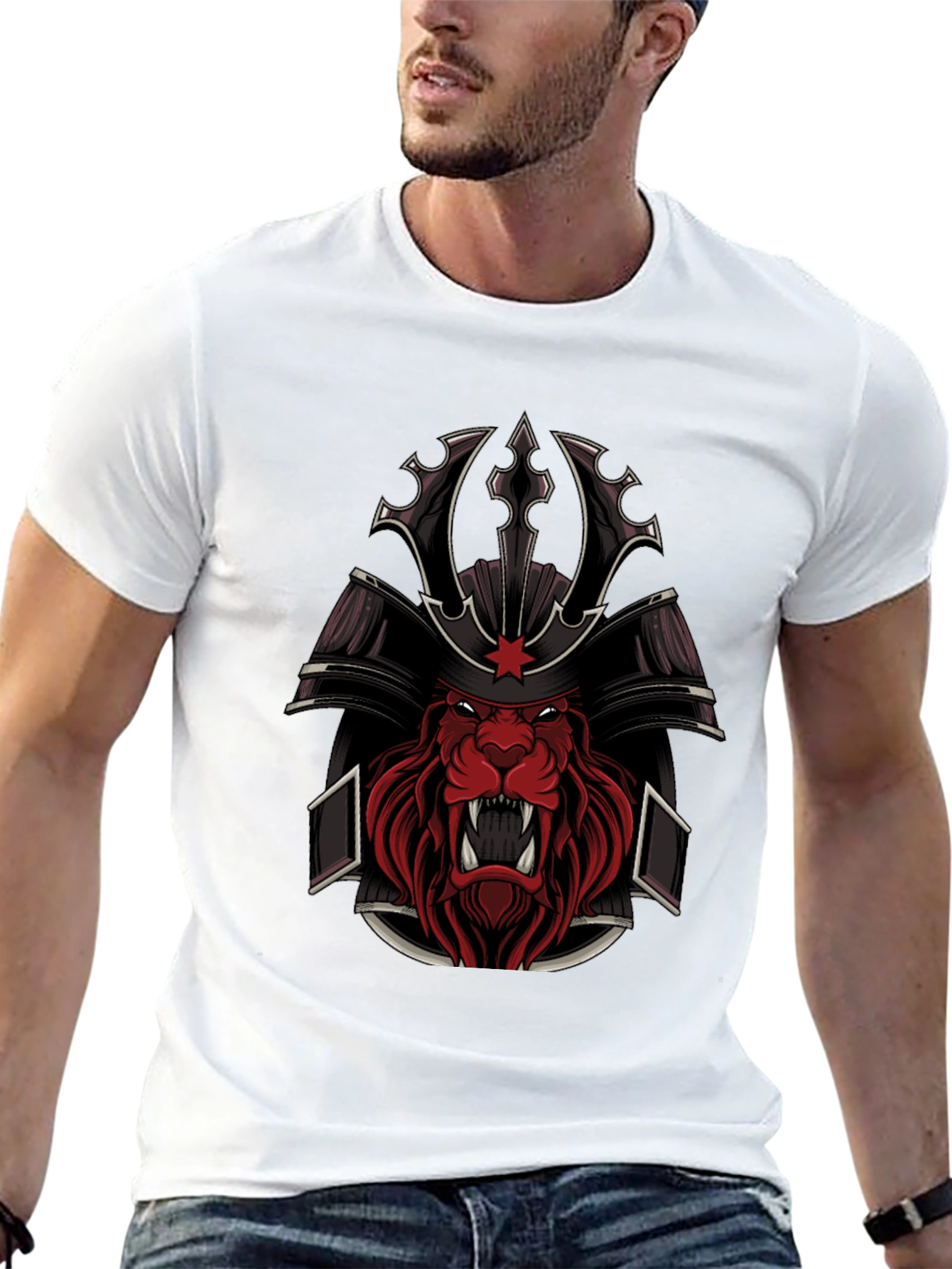 Samurai Lion Graphic Tee - Black Cotton Blend
