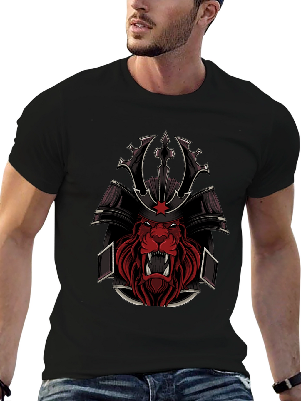 Samurai Lion Graphic Tee - Black Cotton Blend
