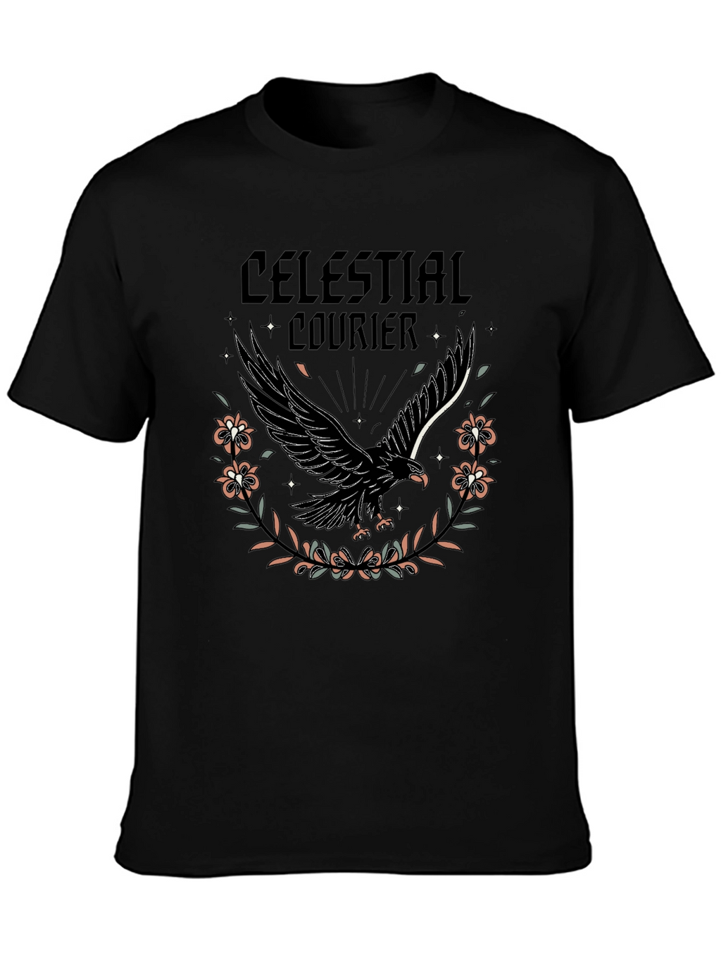 Celestial Courier Graphic Tee - Black Cotton Shirt
