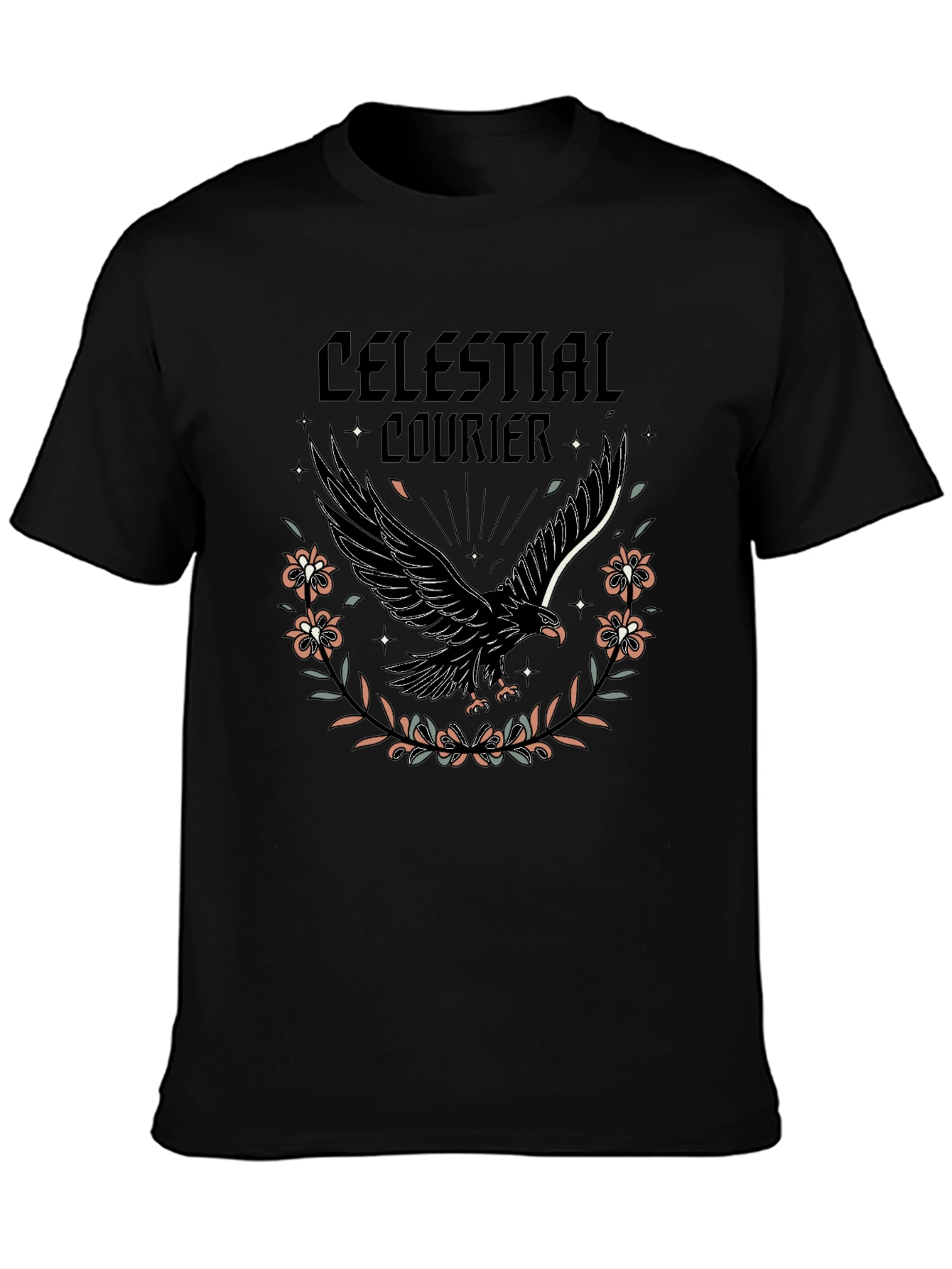 Celestial Courier Graphic Tee - Black Cotton Shirt
