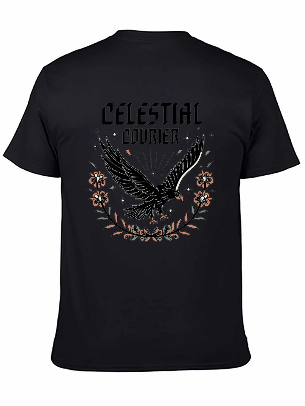 Celestial Courier Graphic Tee - Black Cotton Shirt