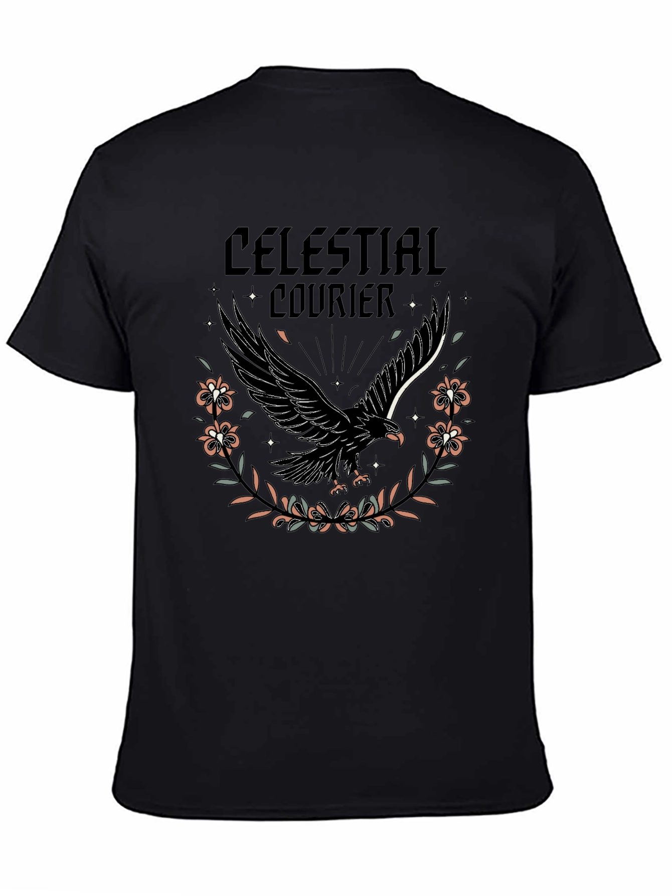 Celestial Courier Graphic Tee - Black Cotton Shirt