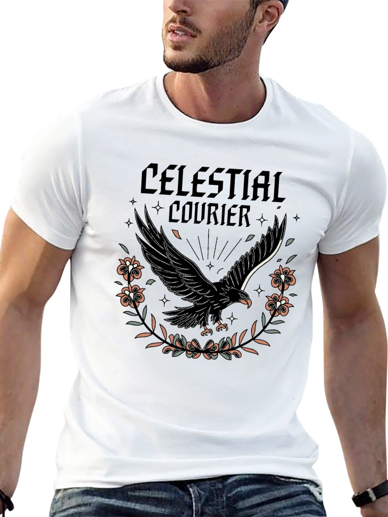 Celestial Courier Graphic Tee - Black Cotton Shirt