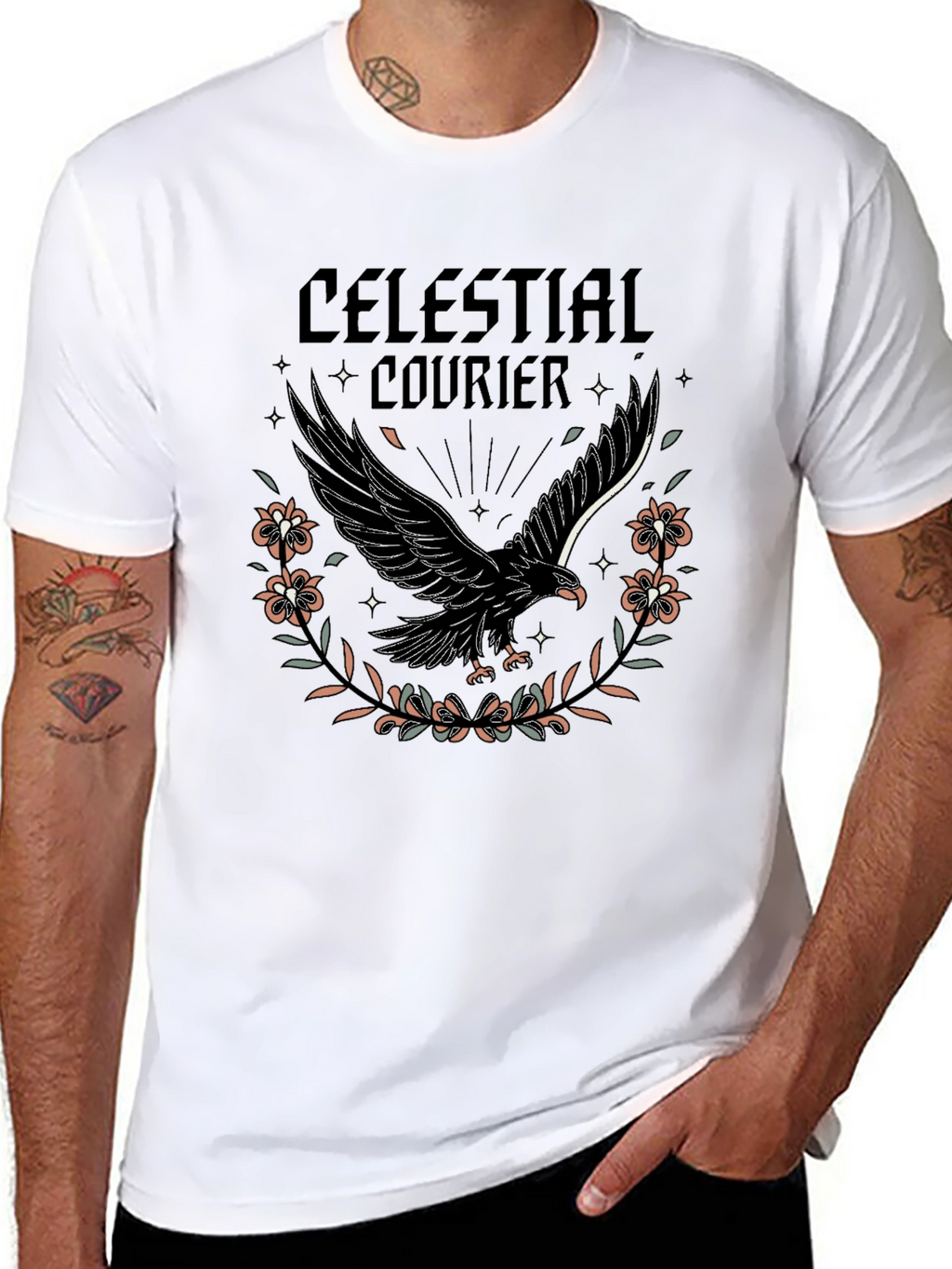 Celestial Courier Graphic Tee - Black Cotton Shirt