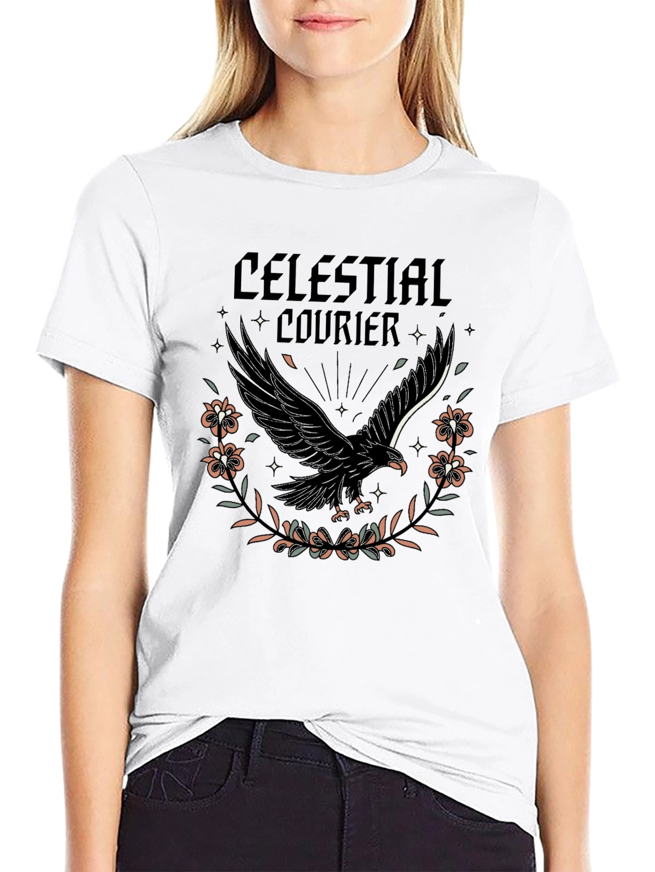 Celestial Courier Graphic Tee - Black Cotton Shirt