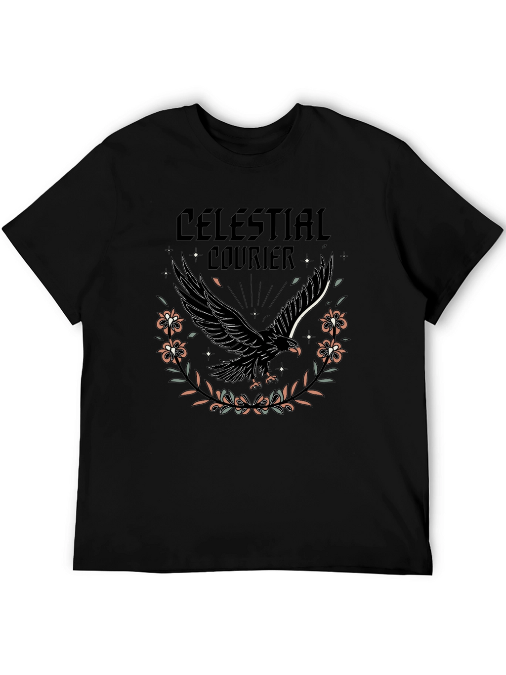 Celestial Courier Graphic Tee - Black Cotton Shirt