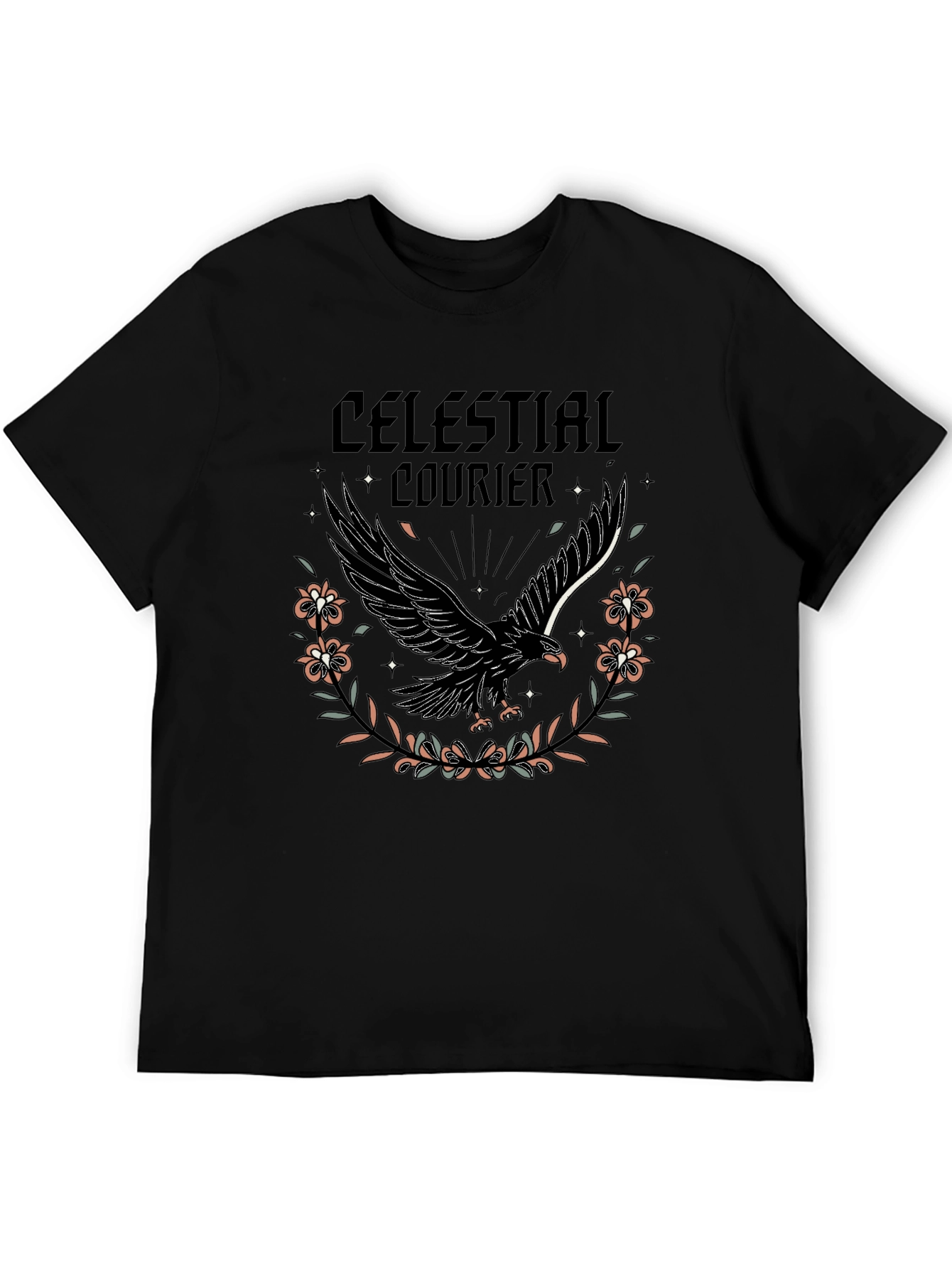 Celestial Courier Graphic Tee - Black Cotton Shirt