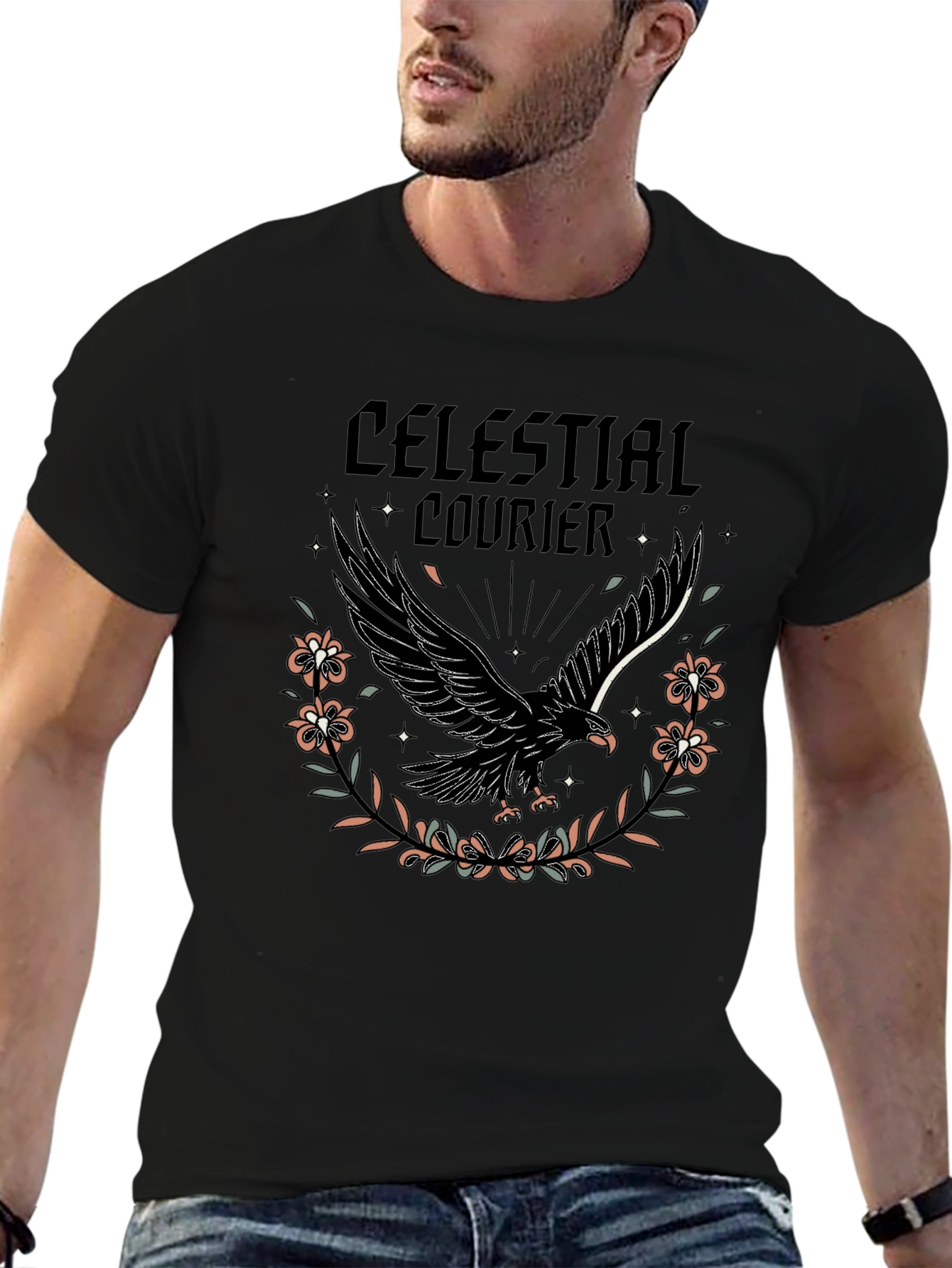Celestial Courier Graphic Tee - Black Cotton Shirt