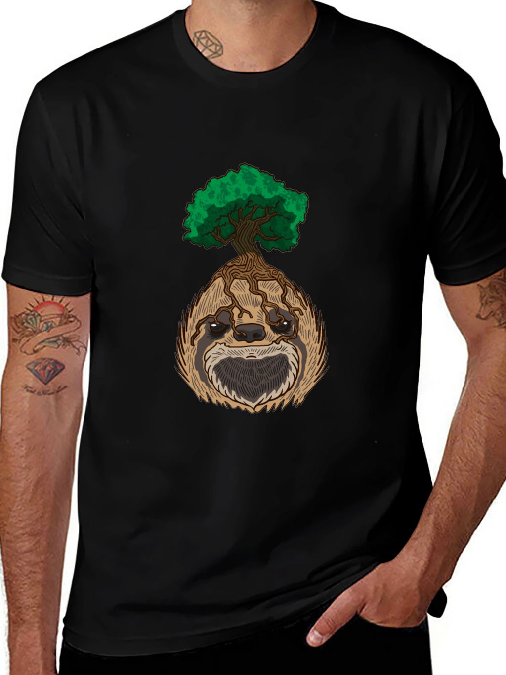 Sloth Tree Graphic Tee - Relaxed Fit Black T-Shirt