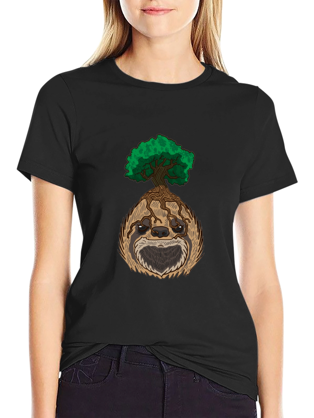 Sloth Tree Graphic Tee - Relaxed Fit Black T-Shirt