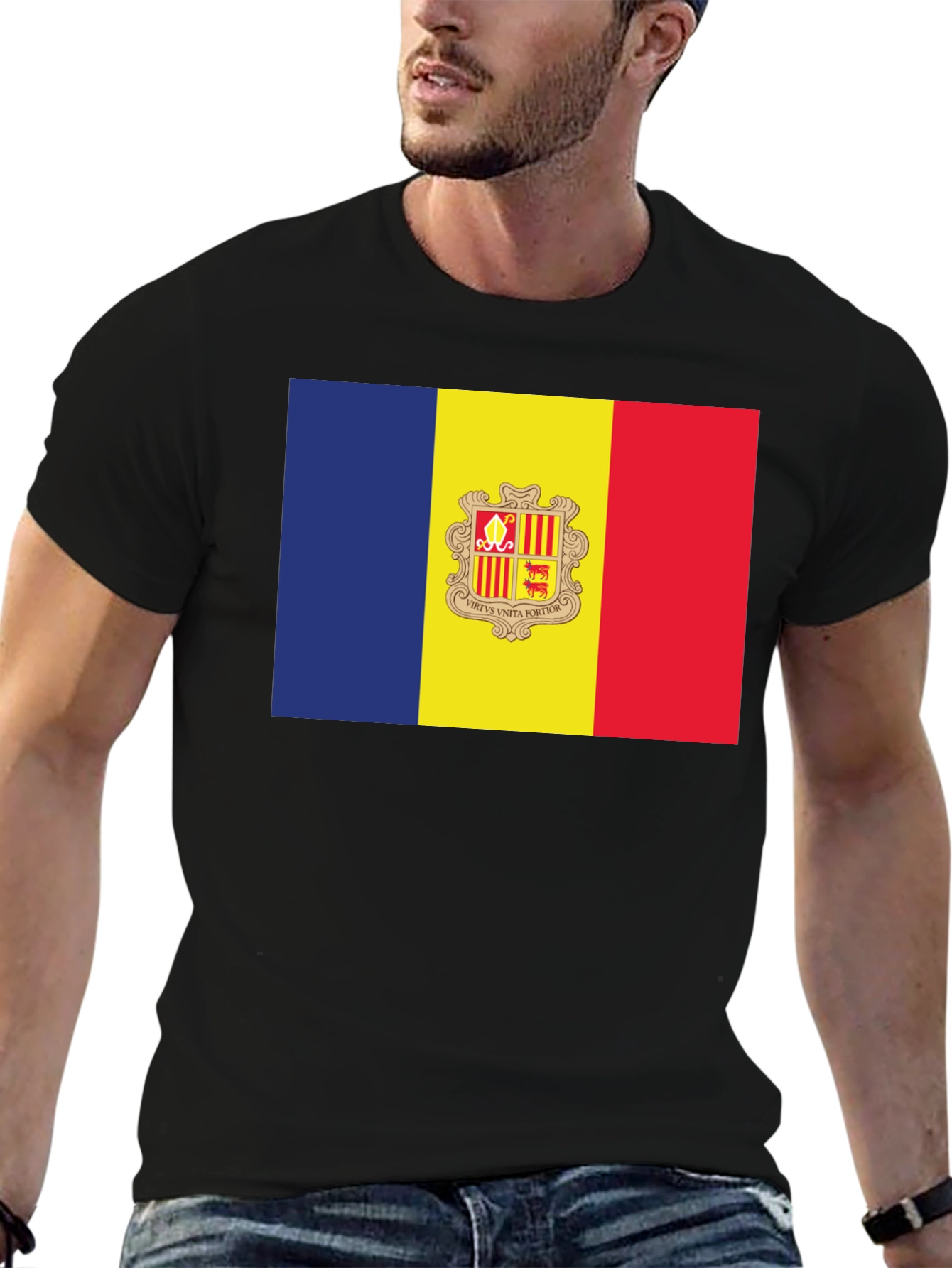 Andorra Flag T-Shirt - Black Crew Neck Short Sleeve