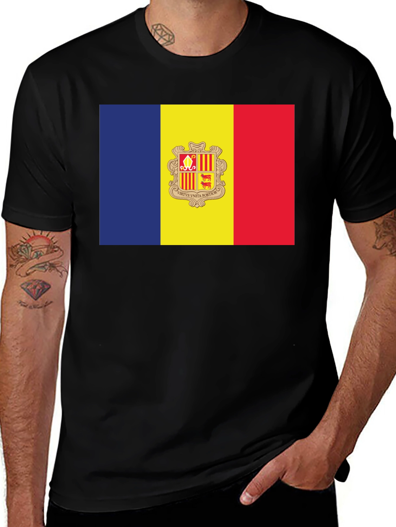 Andorra Flag T-Shirt - Black Crew Neck Short Sleeve