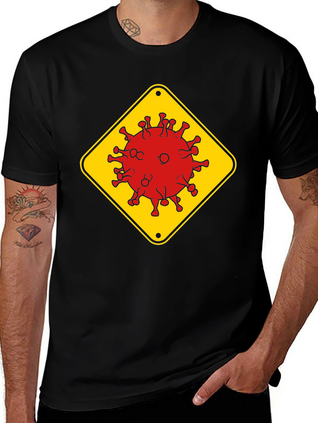 Caution Virus Graphic Tee - Black Cotton T-Shirt