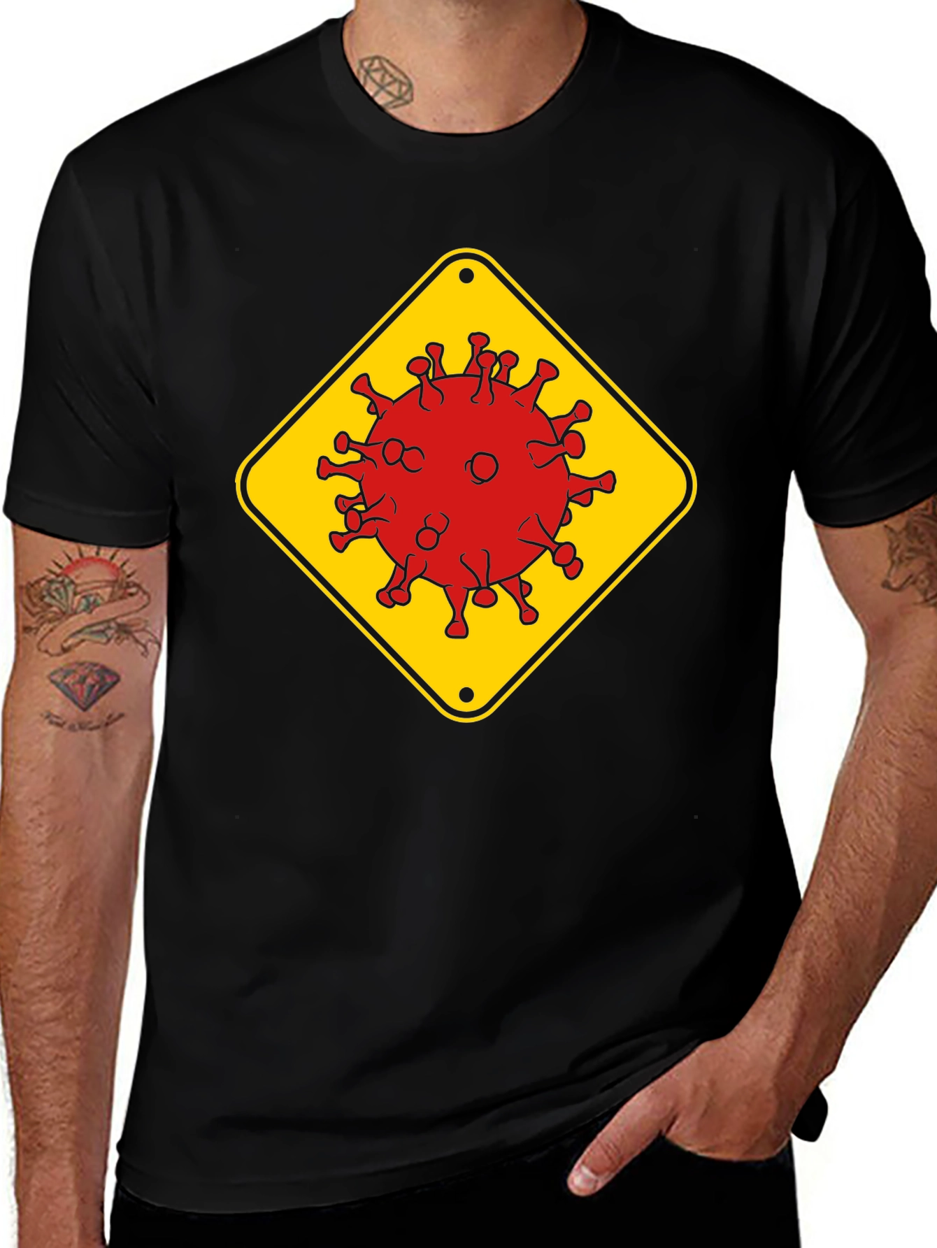 Caution Virus Graphic Tee - Black Cotton T-Shirt