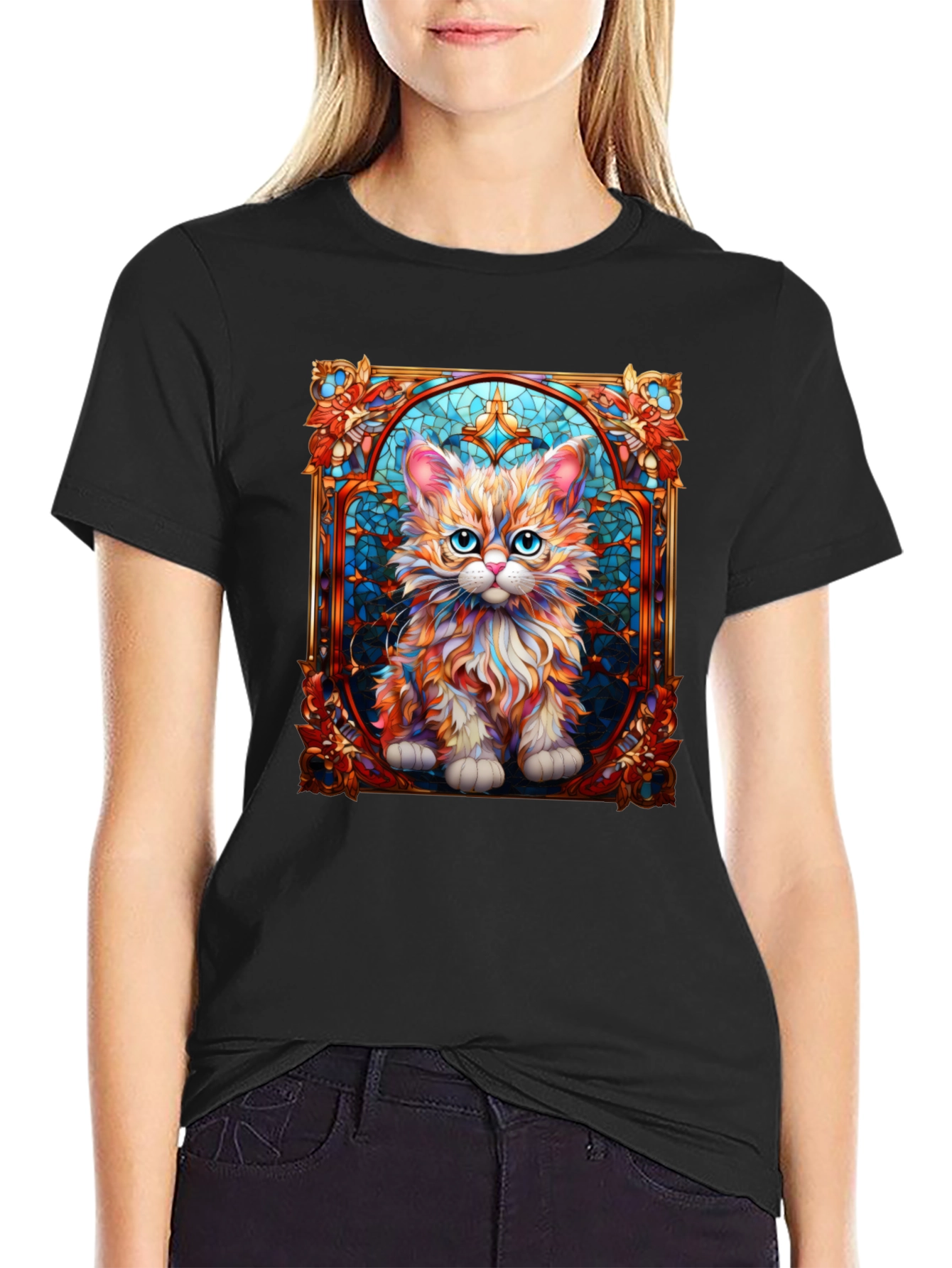 Stained Glass Cat Art T-Shirt