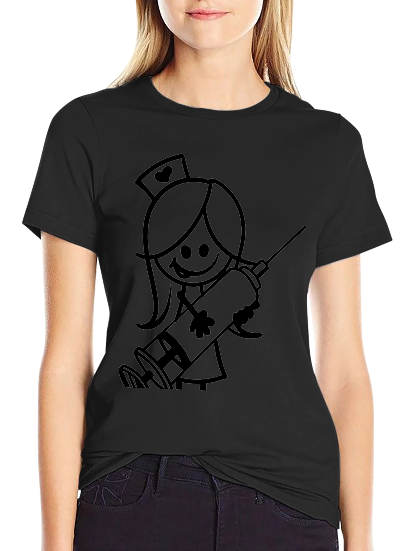 Nurse Stick Figure Graphic Tee - Black Cotton