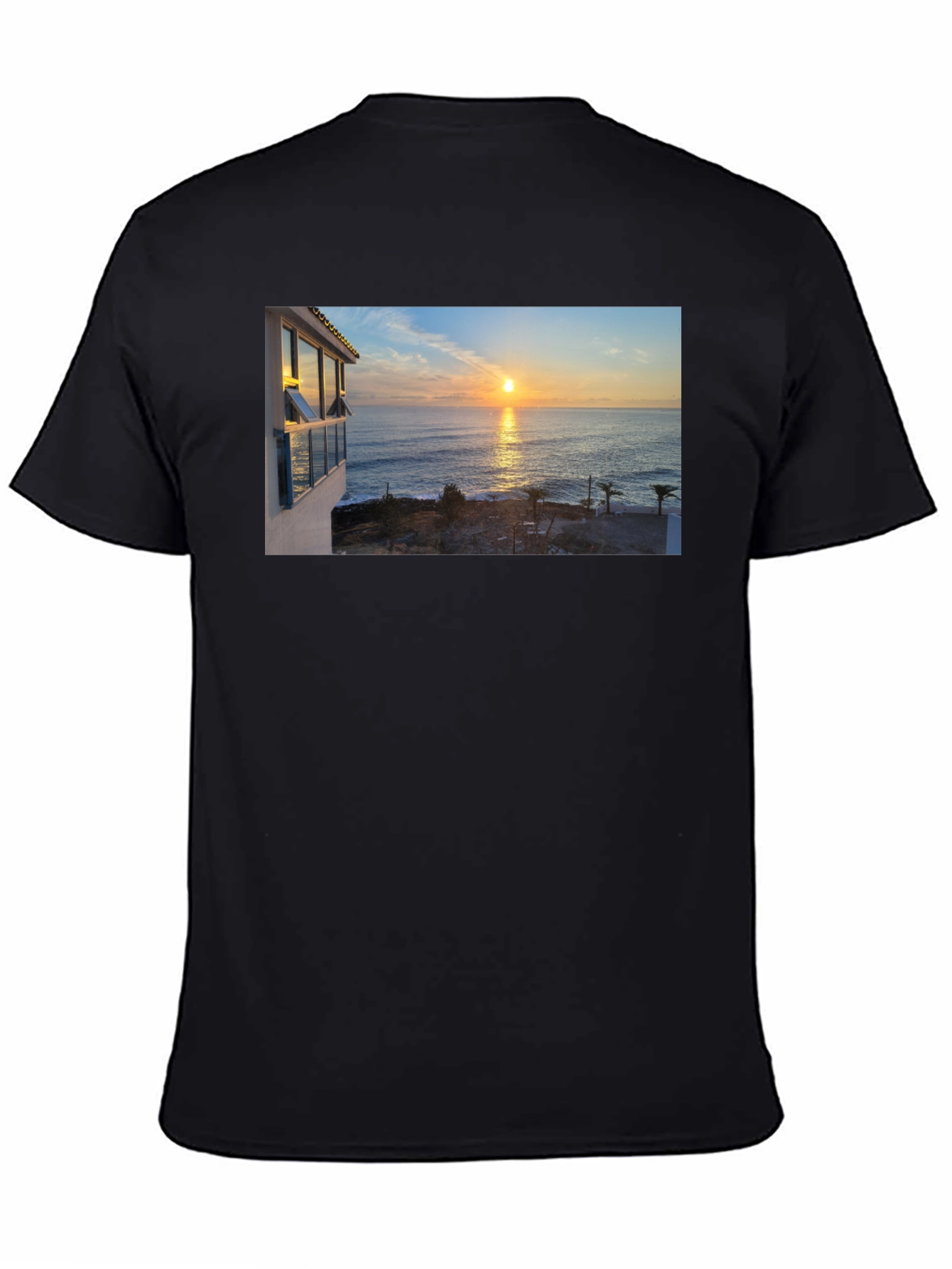 Ocean Sunset Graphic Tee - Black Cotton T-Shirt