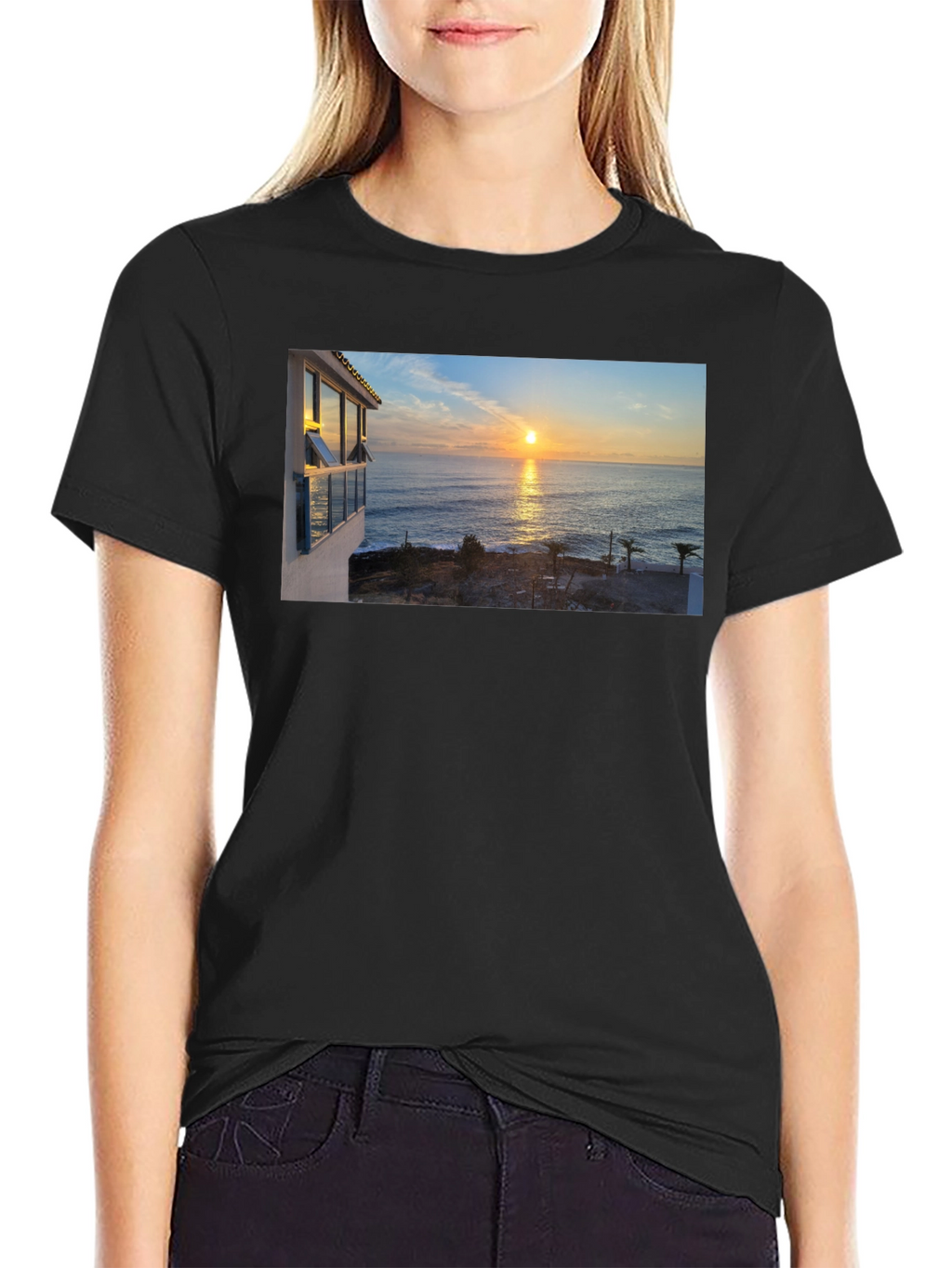 Ocean Sunset Graphic Tee - Black Cotton T-Shirt