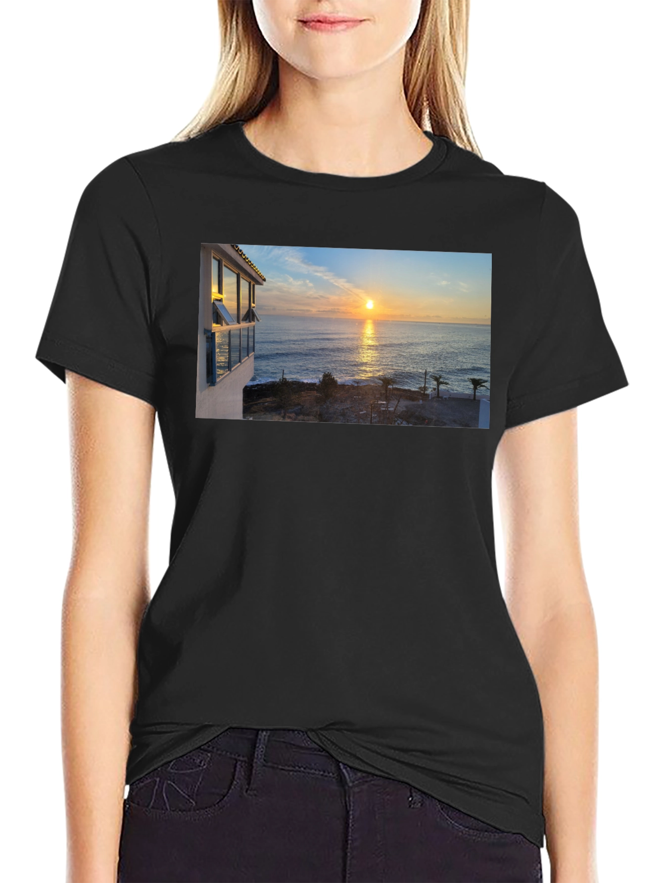 Ocean Sunset Graphic Tee - Black Cotton T-Shirt