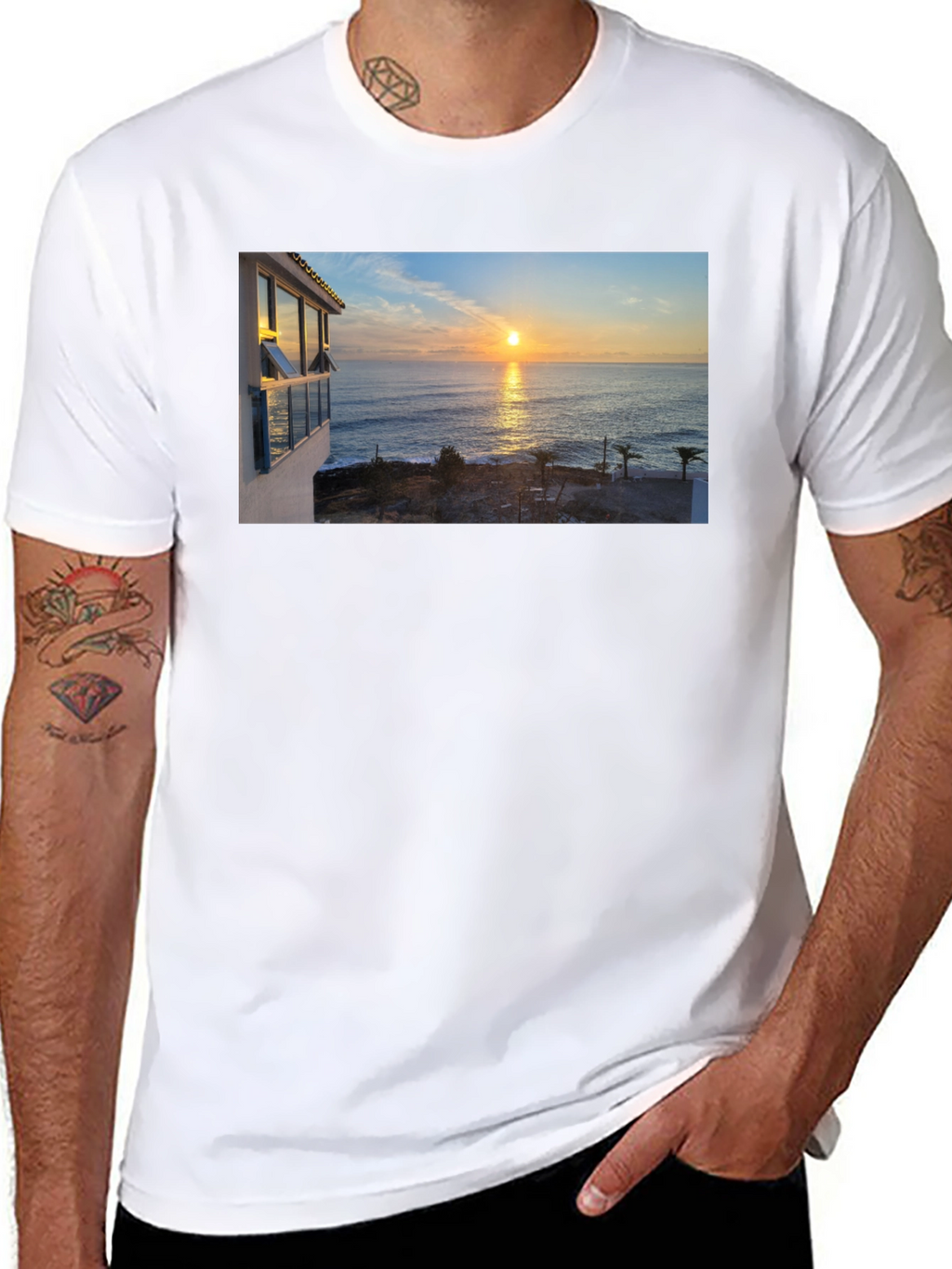 Ocean Sunset Graphic Tee - Black Cotton T-Shirt