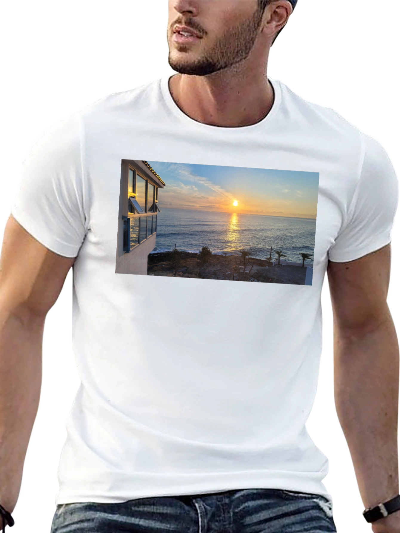 Ocean Sunset Graphic Tee - Black Cotton T-Shirt