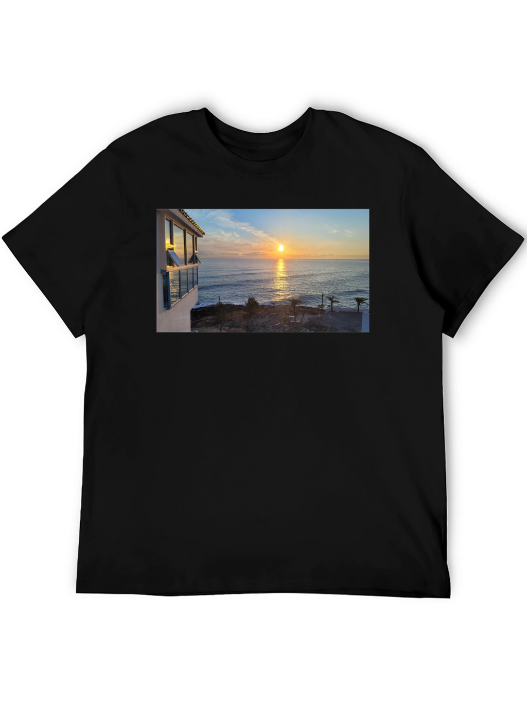 Ocean Sunset Graphic Tee - Black Cotton T-Shirt