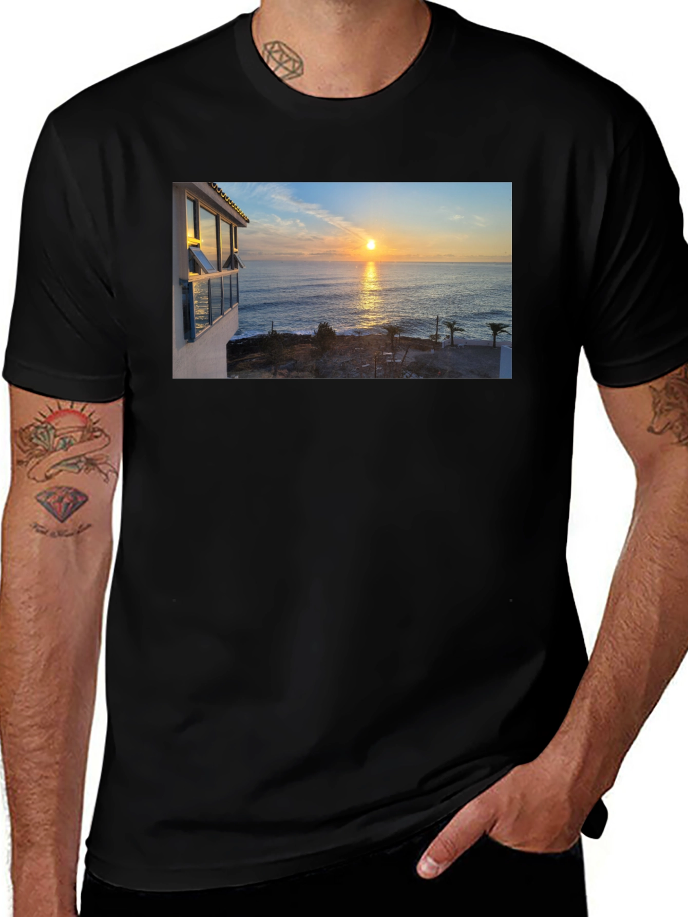 Ocean Sunset Graphic Tee - Black Cotton T-Shirt