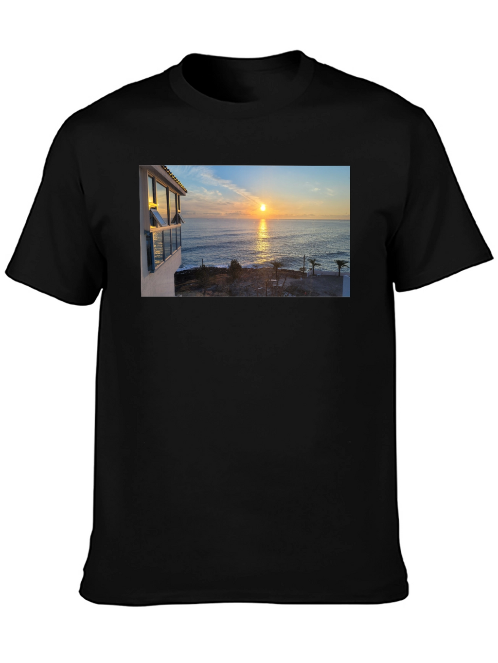 Ocean Sunset Graphic Tee - Black Cotton T-Shirt