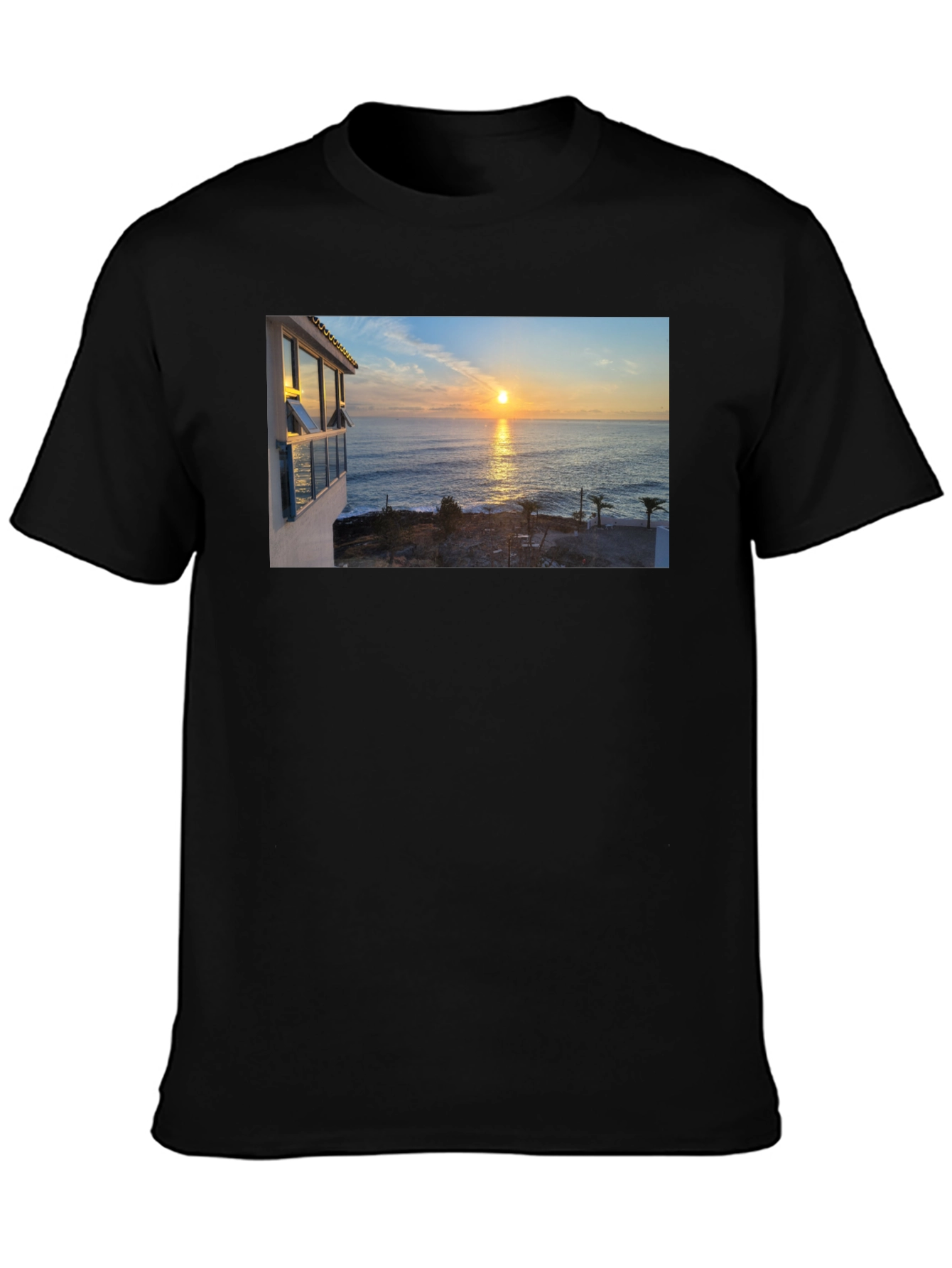 Ocean Sunset Graphic Tee - Black Cotton T-Shirt