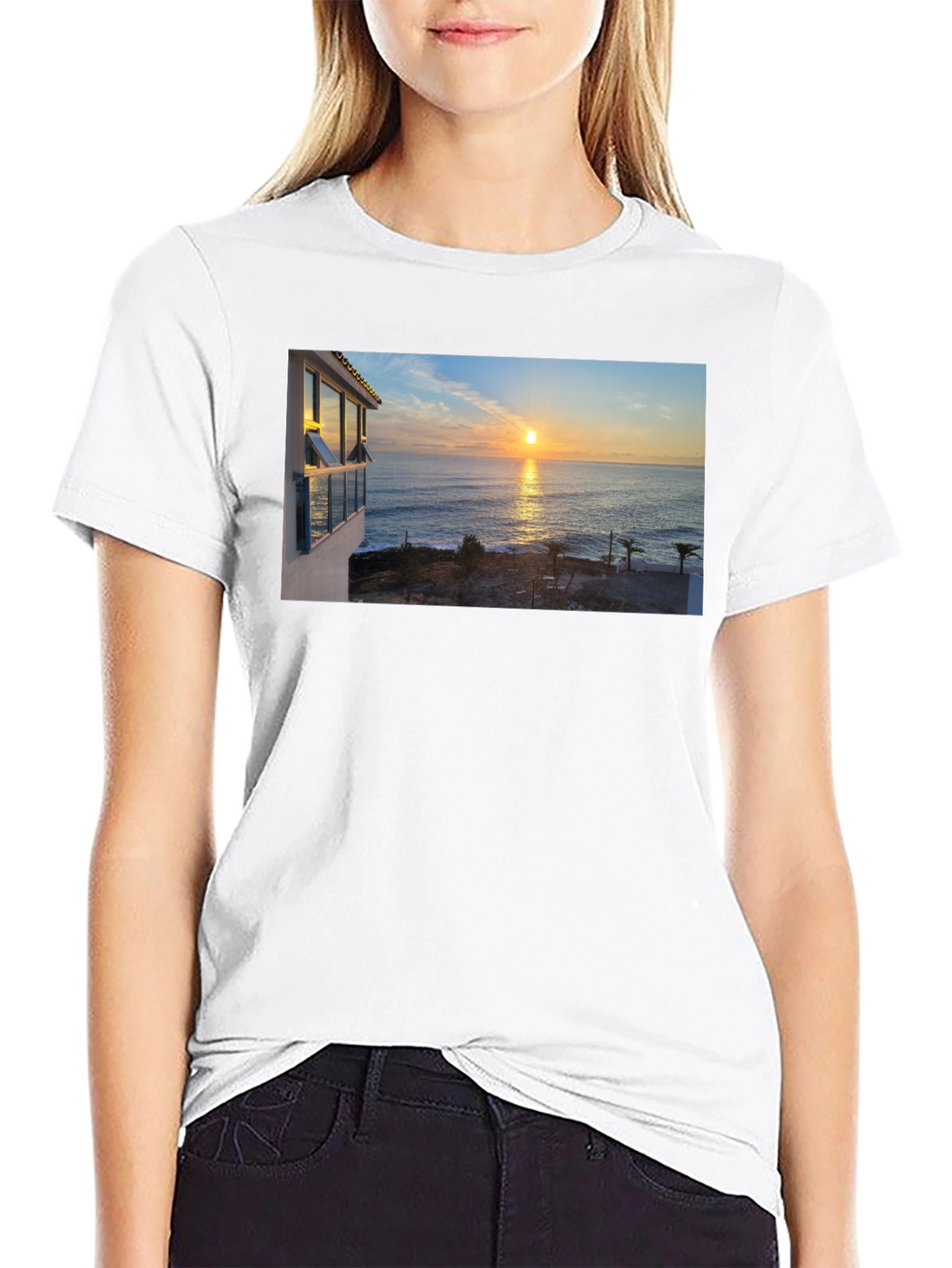 Ocean Sunset Graphic Tee - Black Cotton T-Shirt