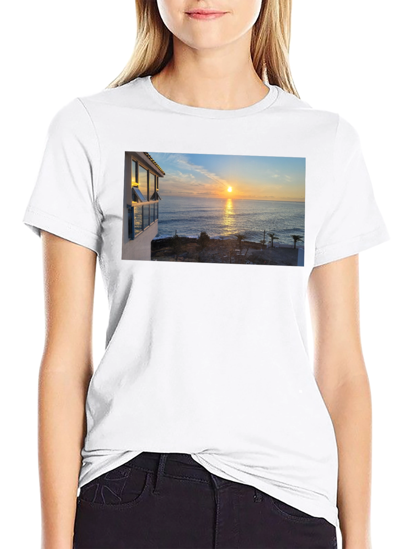 Ocean Sunset Graphic Tee - Black Cotton T-Shirt
